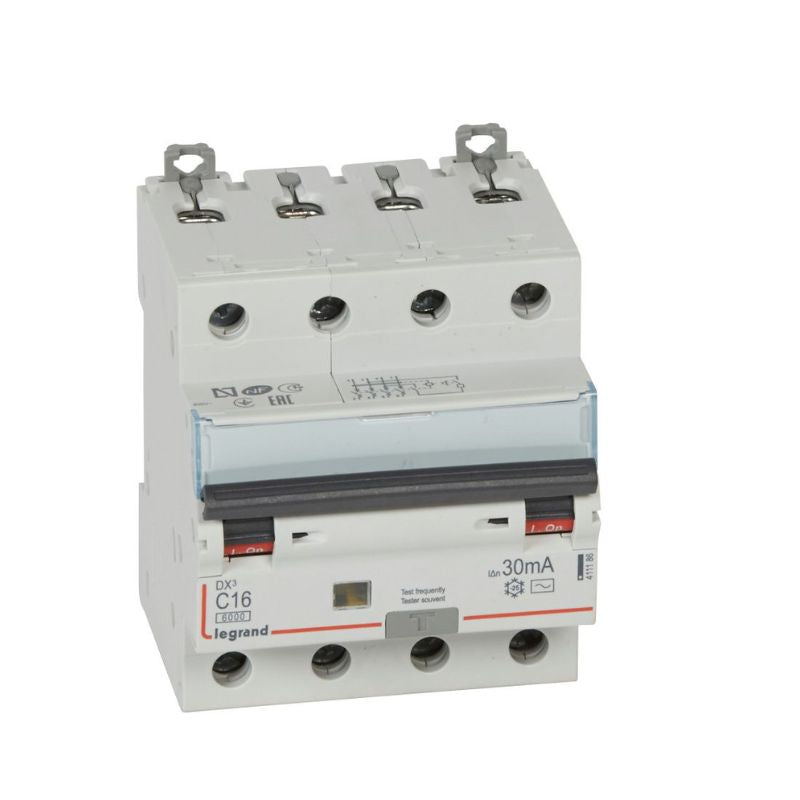 Legrand - Disjoncteur diff DX³ 6000 - vis/vis - 4P 400V~ - 16A - type AC 30mA - courbe C - 4 mod - Réf : 411186
