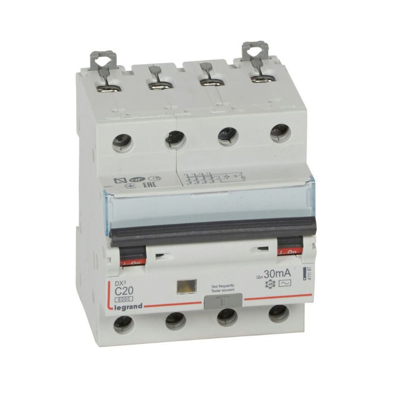 Legrand - Disjoncteur diff DX³ 6000 - vis/vis - 4P 400V~ - 20A - type AC 30mA - courbe C - 4 mod - Réf : 411187