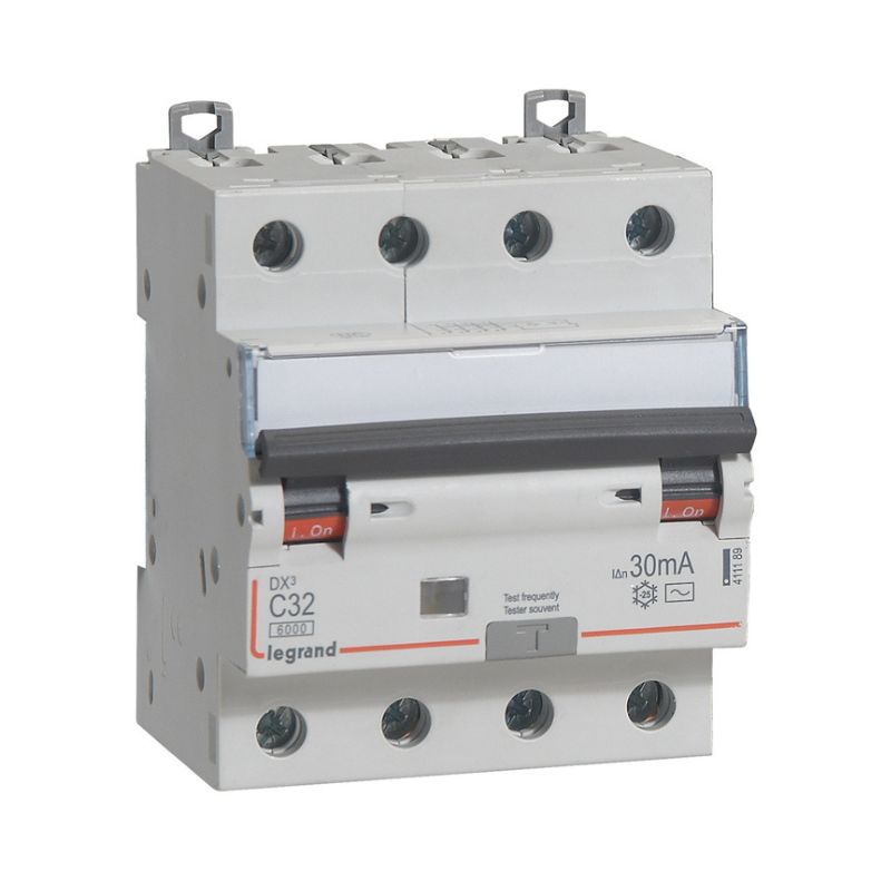 Legrand - Disjoncteur diff DX³ 6000 - vis/vis - 4P 400V~ - 32A - type AC 30mA - courbe C - 4 mod - Réf : 411189