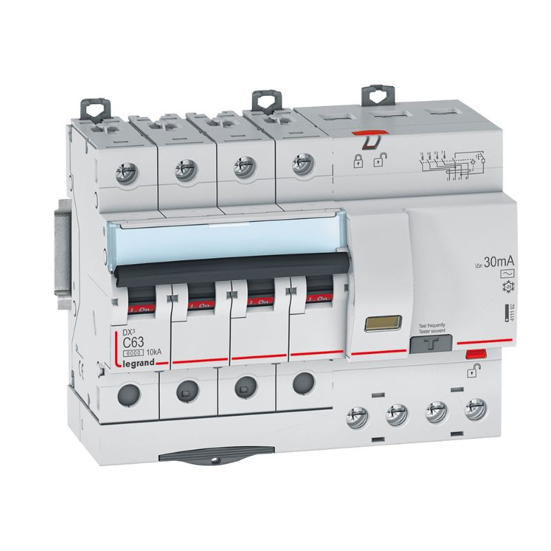 Legrand - Disjoncteur diff DX³ 6000 - vis/vis - 4P 400V~ - 63A - type AC 30mA - courbe C - 7 mod - Réf : 411192