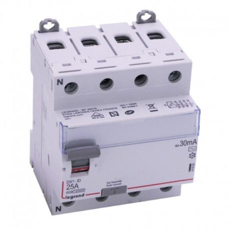 Legrand - Inter diff - visvis - 4P - 400V~- 25A - type AC - 30mA - départ bas - 4M - Réf 411660