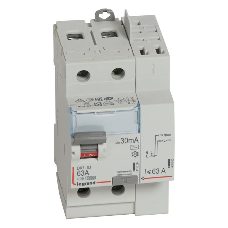 Legrand - Inter diff DX³-ID - vis/auto - 2P - 230V~ - 63A - type AC - 30mA - départ haut - 3M - Réf : 411633